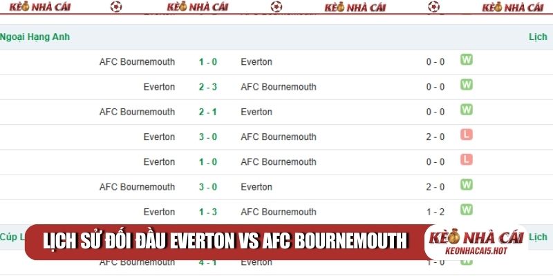 Lịch sử đối đầu Everton vs AFC Bournemouth 